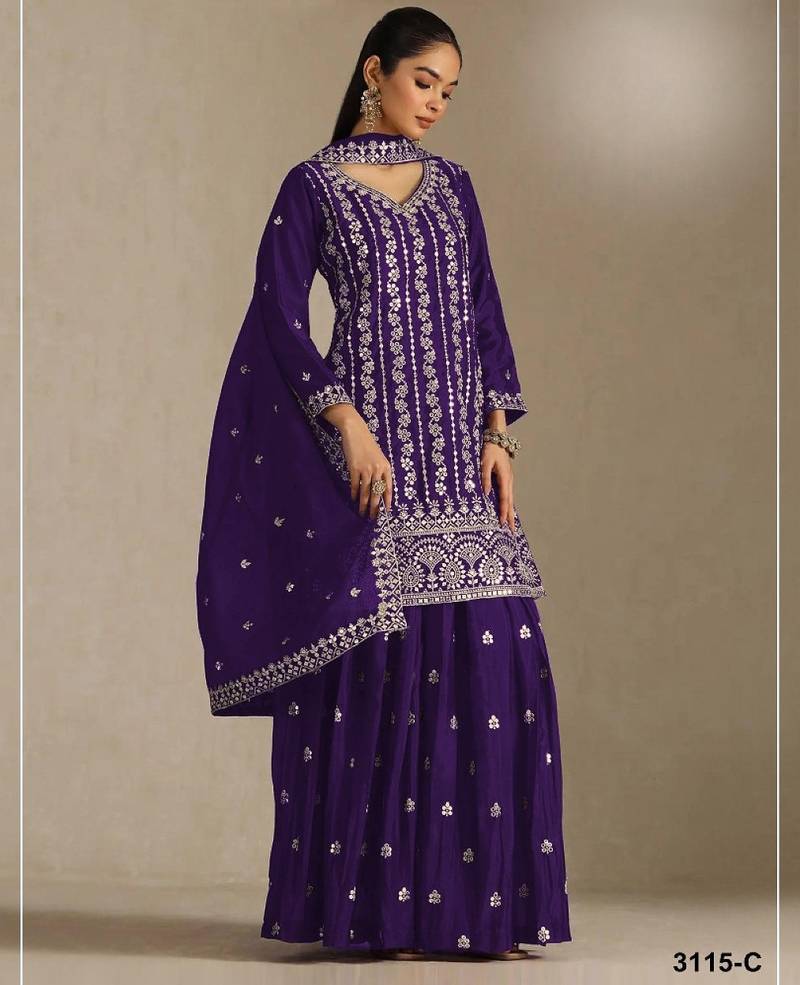Violet chinon suit with embroidery sequin work