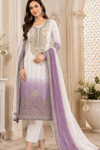 Lavender white chiffon suit with embroidery sequin work