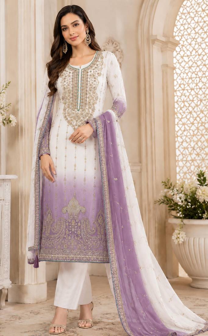 Lavender white chiffon suit with embroidery sequin work