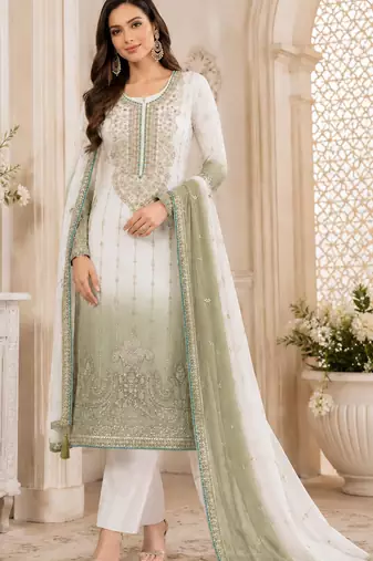 Green white chiffon suit with embroidery sequin work