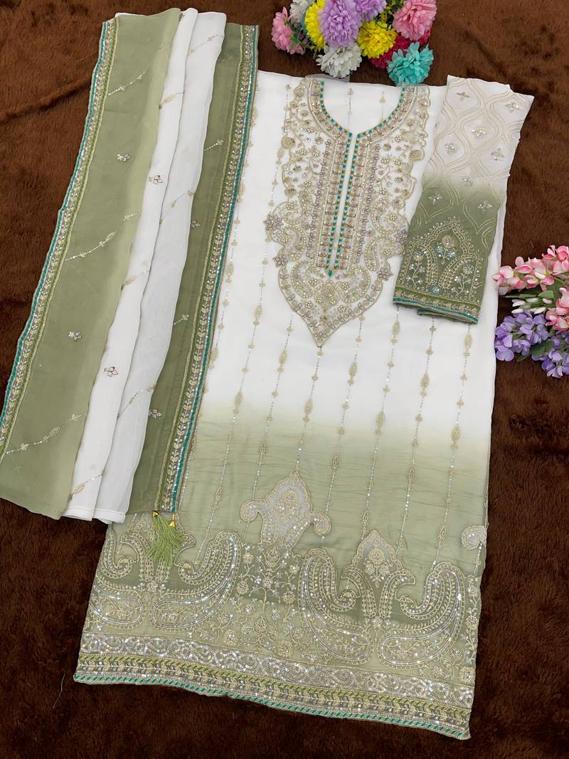 Green white chiffon suit with embroidery sequin work