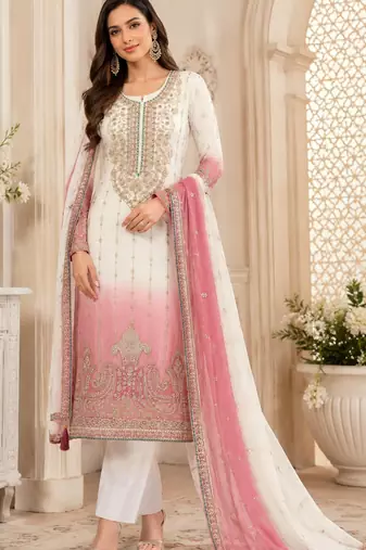 Pink white chiffon suit with embroidery sequin work