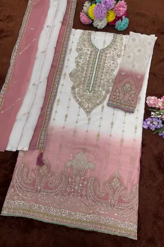 Pink white chiffon suit with embroidery sequin work