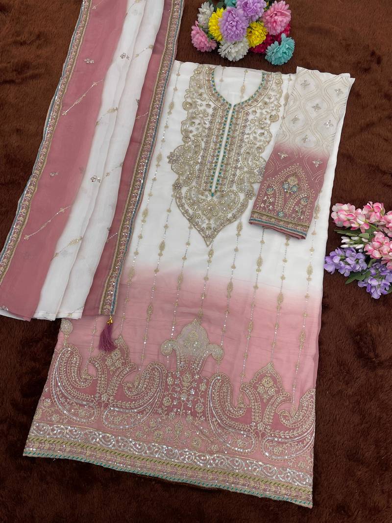 Pink white chiffon suit with embroidery sequin work