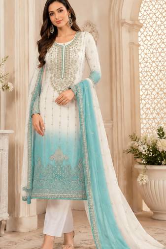 Blue white chiffon suit with embroidery sequin work