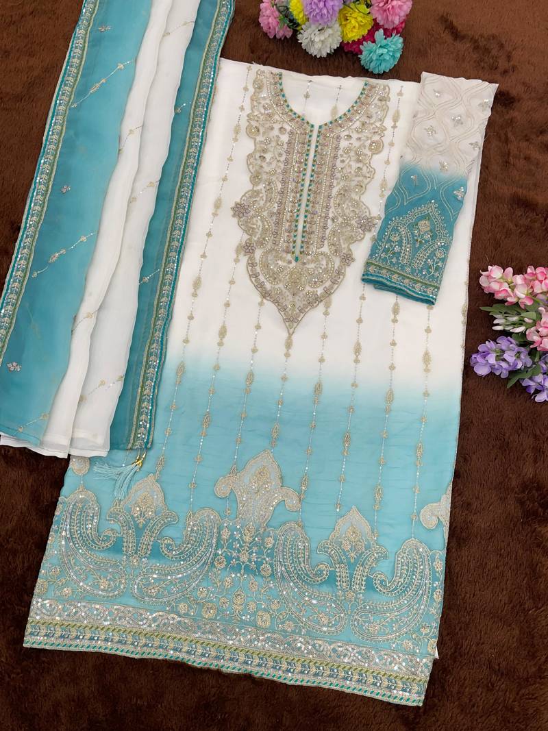 Blue white chiffon suit with embroidery sequin work