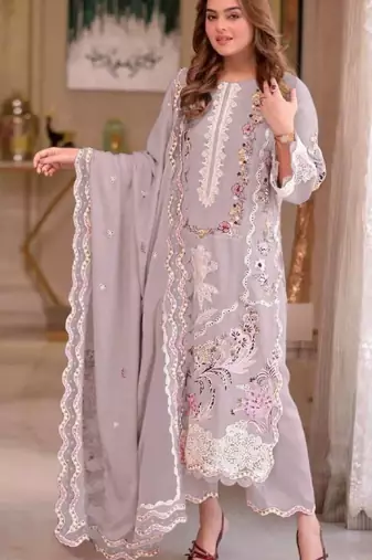 Lavender chiffon suit with embroidery moti work