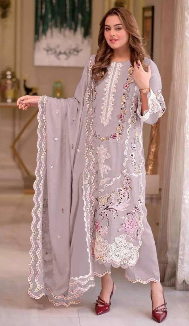 Lavender chiffon suit with embroidery moti work