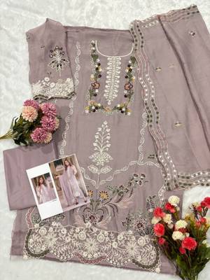 Lavender chiffon suit with embroidery moti work 2