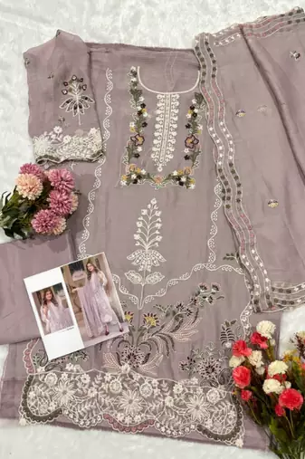 Lavender chiffon suit with embroidery moti work