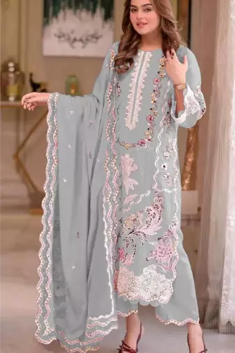 Grey chiffon suit with embroidery moti work