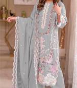 Grey chiffon suit with embroidery moti work