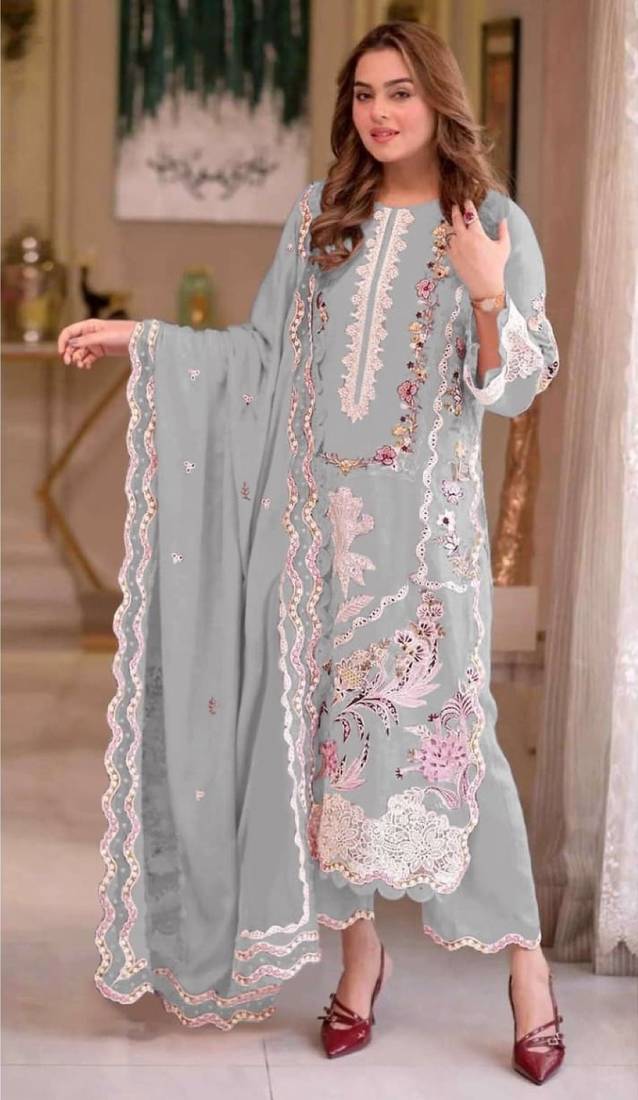 Grey chiffon suit with embroidery moti work
