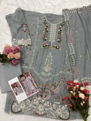 Grey chiffon suit with embroidery moti work 2