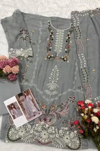 Grey chiffon suit with embroidery moti work