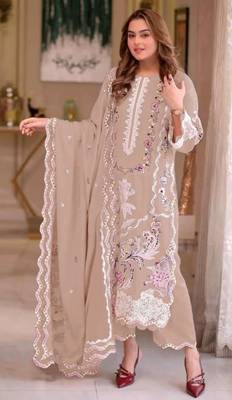 Coffee chiffon suit with embroidery moti work 1