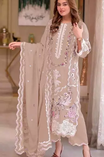 Coffee chiffon suit with embroidery moti work