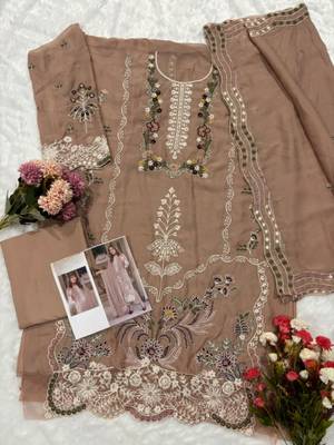 Coffee chiffon suit with embroidery moti work 2