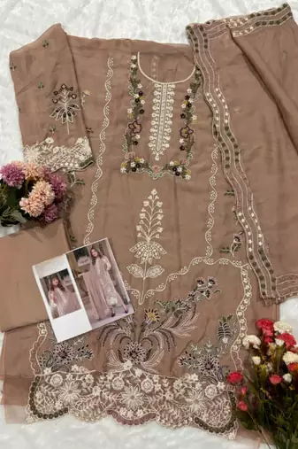 Coffee chiffon suit with embroidery moti work