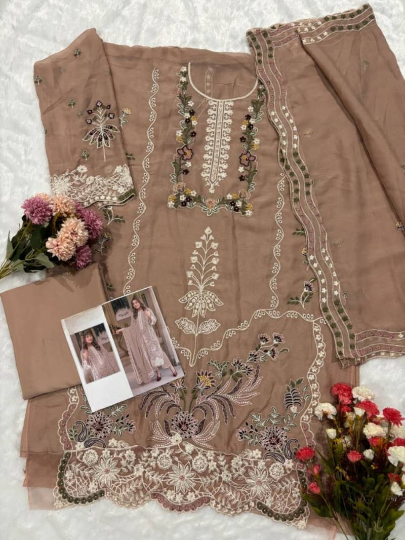 Coffee chiffon suit with embroidery moti work