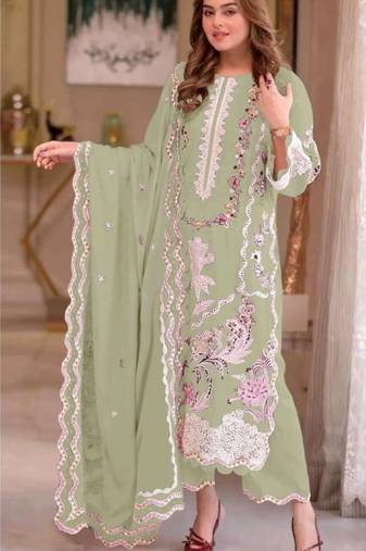 Green chiffon suit with embroidery moti work