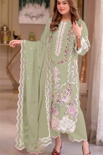 Green chiffon suit with embroidery moti work