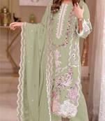 Green chiffon suit with embroidery moti work