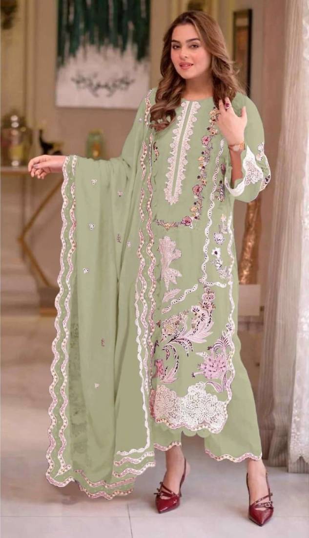 Green chiffon suit with embroidery moti work