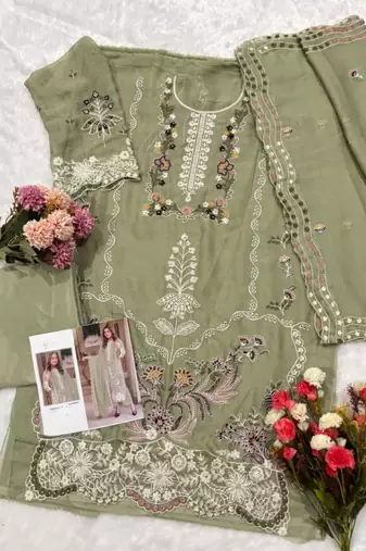 Green chiffon suit with embroidery moti work