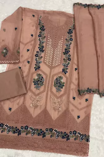 Brown chiffon suit with embroidery sequin work