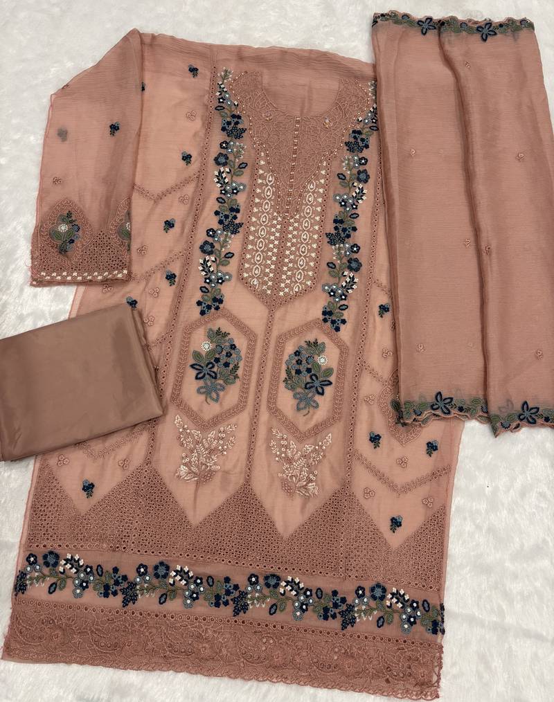 Brown chiffon suit with embroidery sequin work