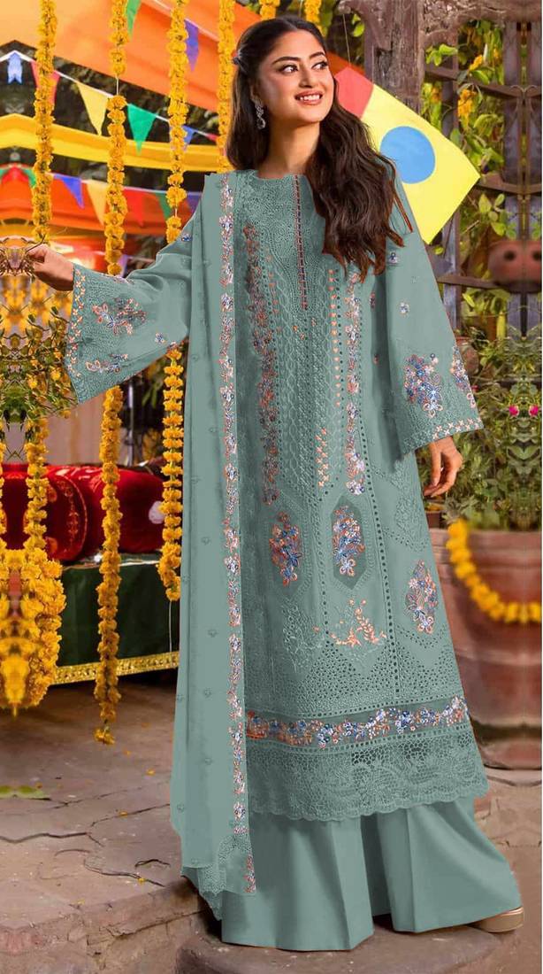 Blue chiffon suit with embroidery sequin work