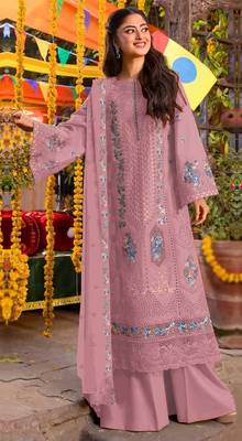 Peach chiffon suit with embroidery sequin work 1