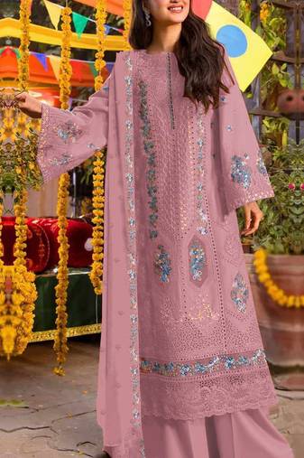 Peach chiffon suit with embroidery sequin work