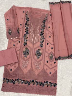 Peach chiffon suit with embroidery sequin work 2