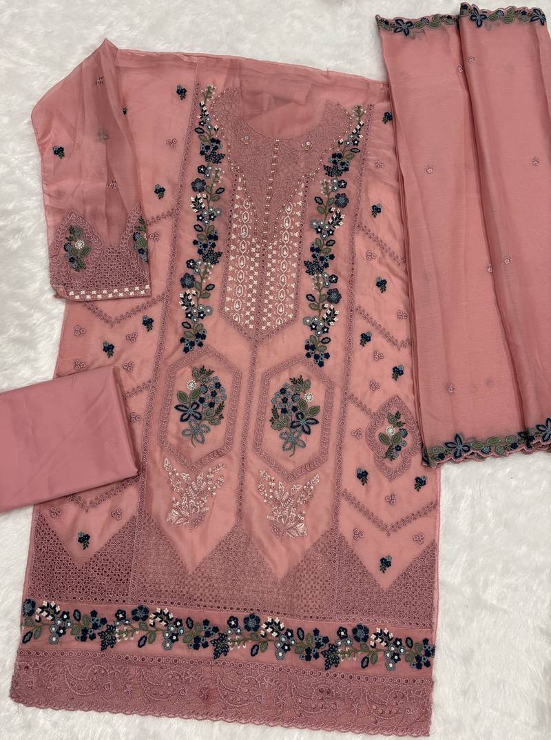 Peach chiffon suit with embroidery sequin work