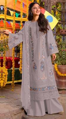 Lavender chiffon suit with embroidery sequin work 1