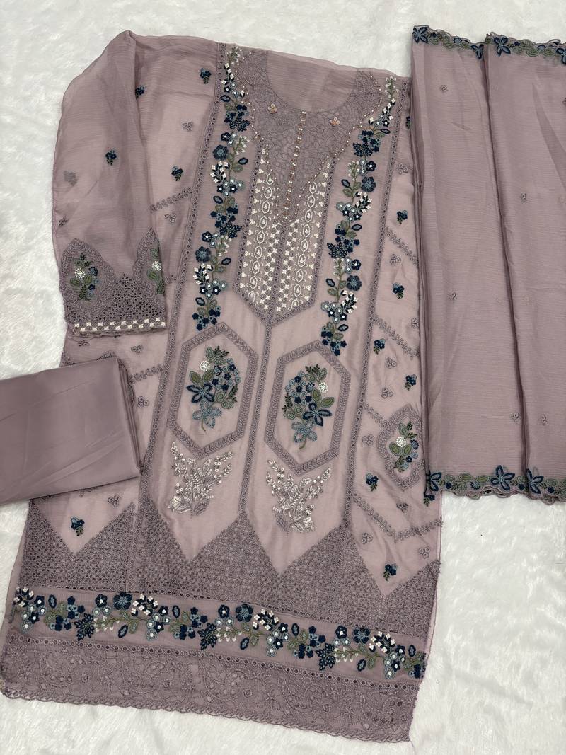 Lavender chiffon suit with embroidery sequin work