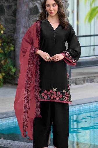 Black maroon satin suit with embroidery sequin work