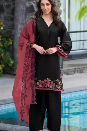 Black maroon satin suit with embroidery sequin work