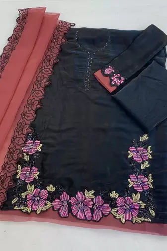 Black maroon satin suit with embroidery sequin work