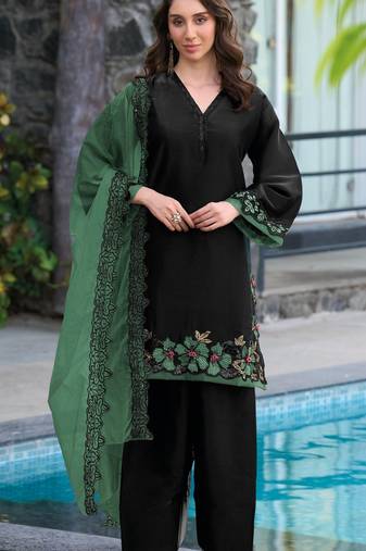 Black green satin suit with embroidery sequin work