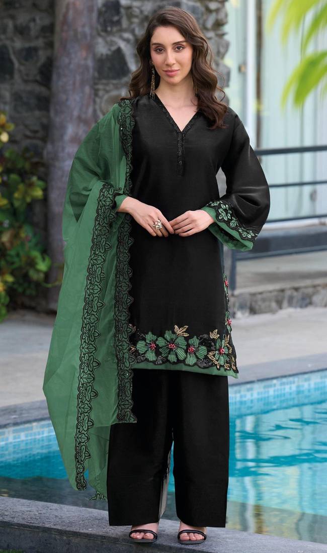 Black green satin suit with embroidery sequin work