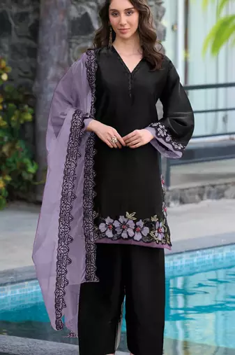 Black lavender satin suit with embroidery sequin work
