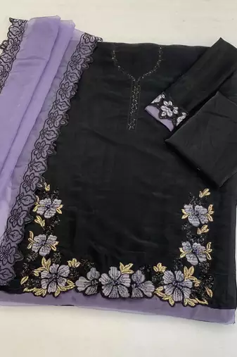 Black lavender satin suit with embroidery sequin work