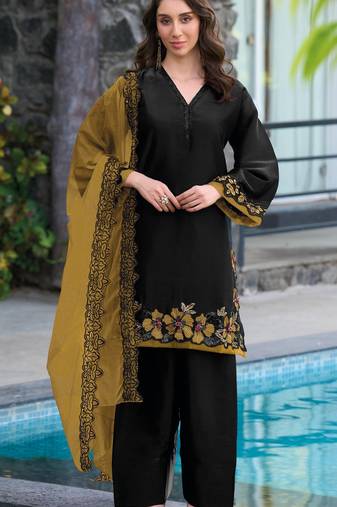 Black yellow satin suit with embroidery sequin work