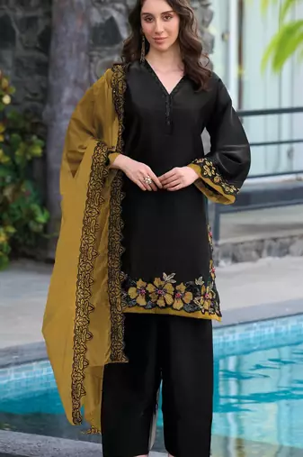 Black yellow satin suit with embroidery sequin work