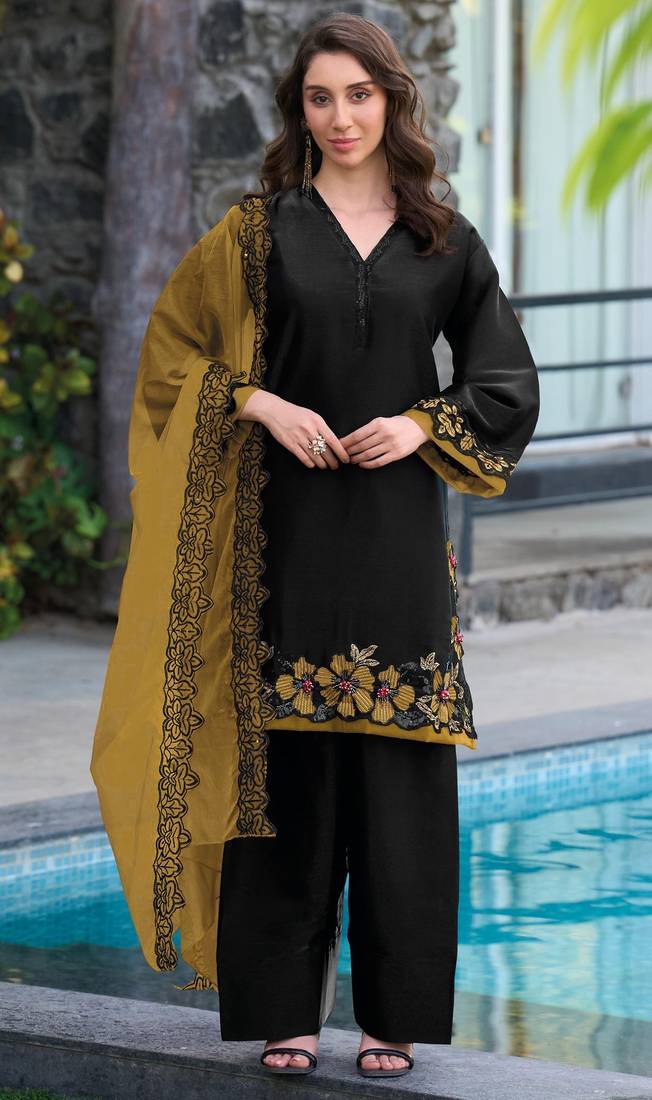Black yellow satin suit with embroidery sequin work