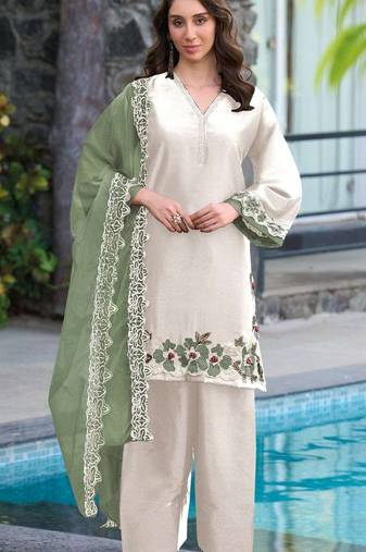 White green satin suit with embroidery sequin work