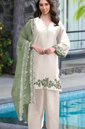 White green satin suit with embroidery sequin work